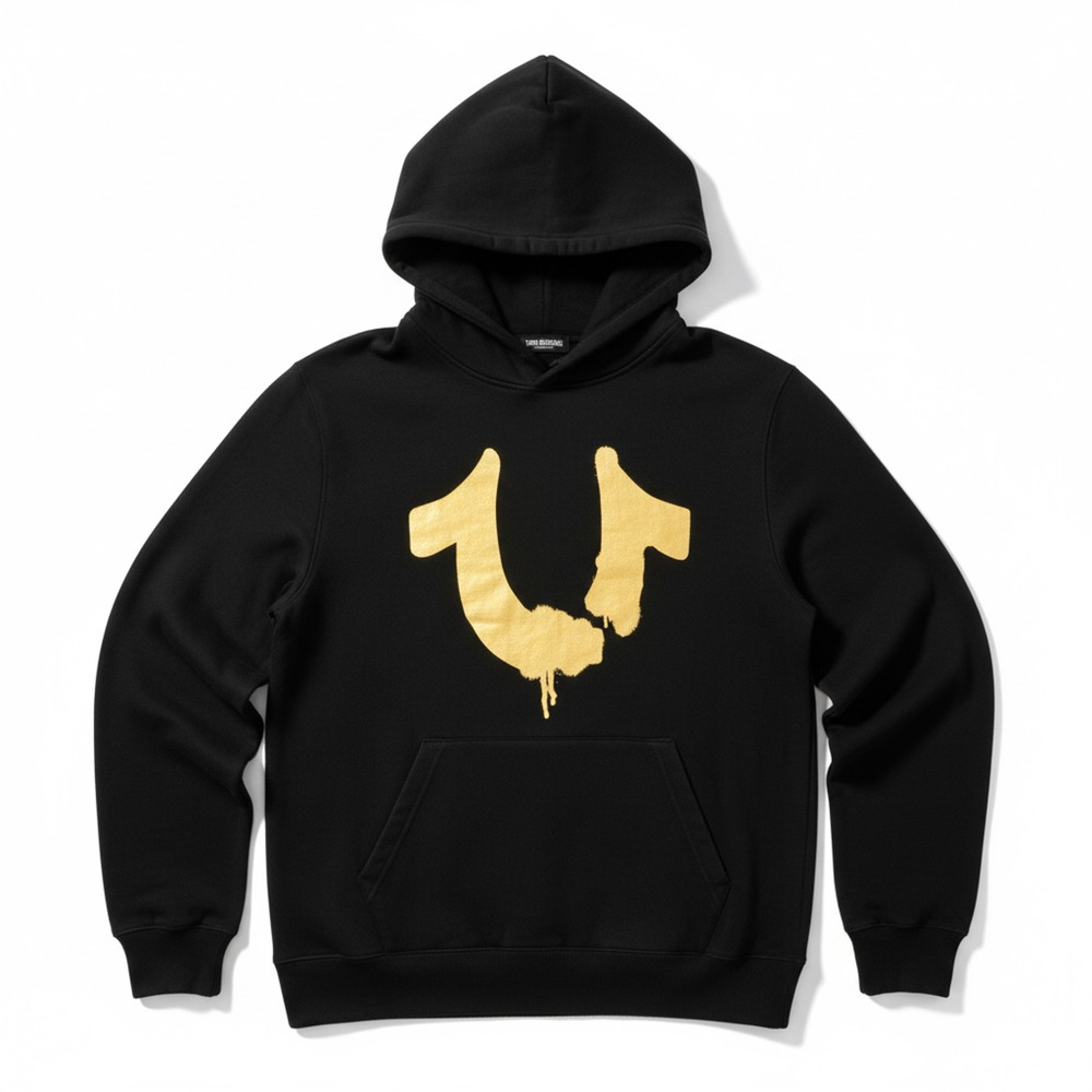 True Religion Black Gold Graffiti Logo Men's Medium Arm Spellout Logo Hoodie